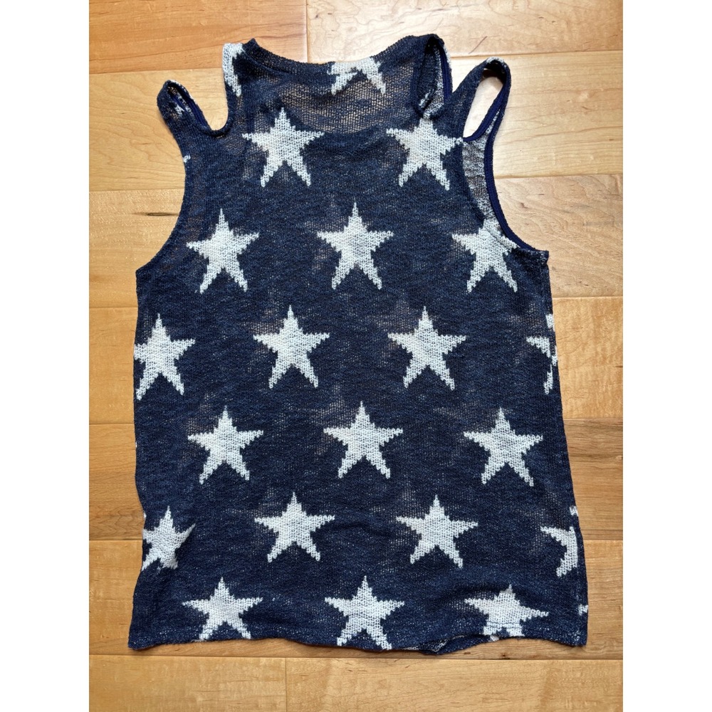 BIBI Tank Top Open Knit Women Medium Blue Star Cold Shoulder Tie Front USA
